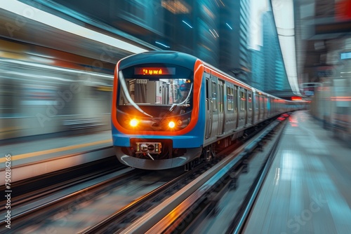 Dynamic image of a modern metro train speeding through the station with a blurred motion effect