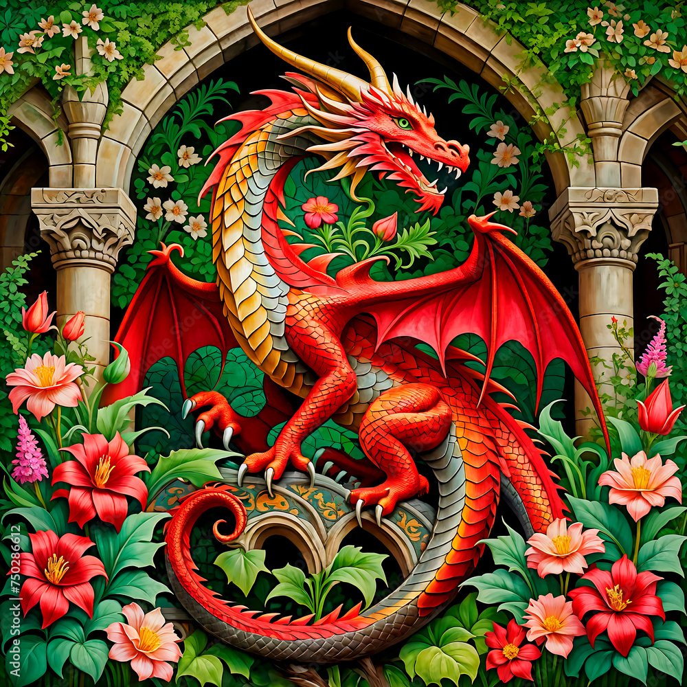 Illustration of a tapestry with red dragon