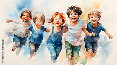group of children in watercolor, group of happy children photo