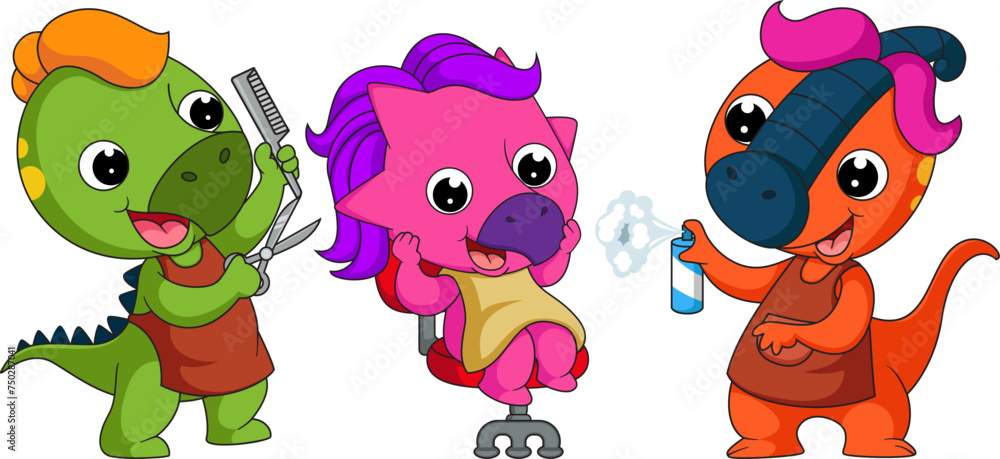 Naklejka premium Two little dinosaur cartoon professional hairdresser
