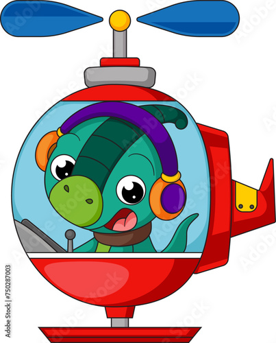 Cute little dinosaur cartoon on a helicopter
