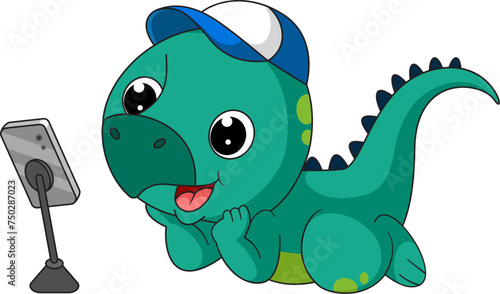Cute little dinosaur cartoon taking selfie with phone
