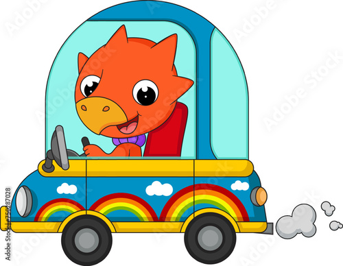 Cute little dinosaur cartoon driving car