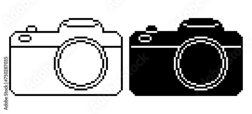 black white pixel art camera icon set isolated on white background