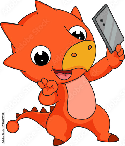 Cute little dinosaur cartoon taking selfie with phone