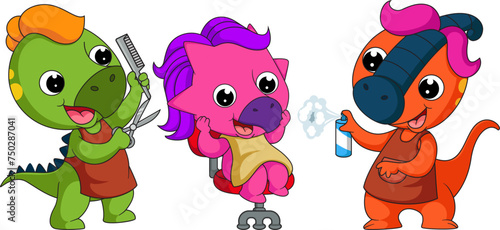 Two little dinosaur cartoon professional hairdresser