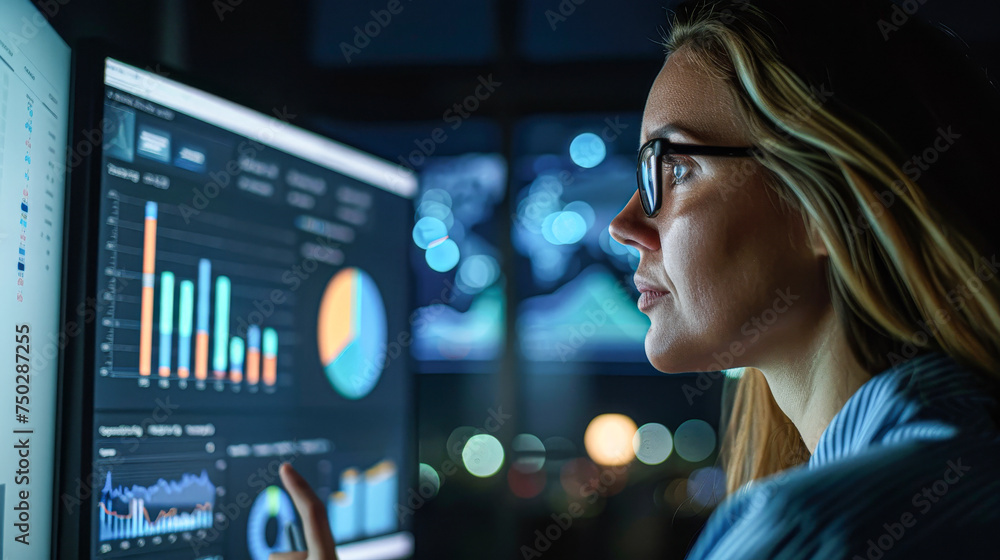 A woman is looking at a computer monitor with a lot of graphs and numbers on it. She is pointing at a specific graph and seems to be focused on it. Concept of concentration and analytical thinking A woman is looking at a computer monitor with a lot of graphs and numbers on it. She is pointing at a specific graph and seems to be focused on it. Concept of concentration and analytical thinking