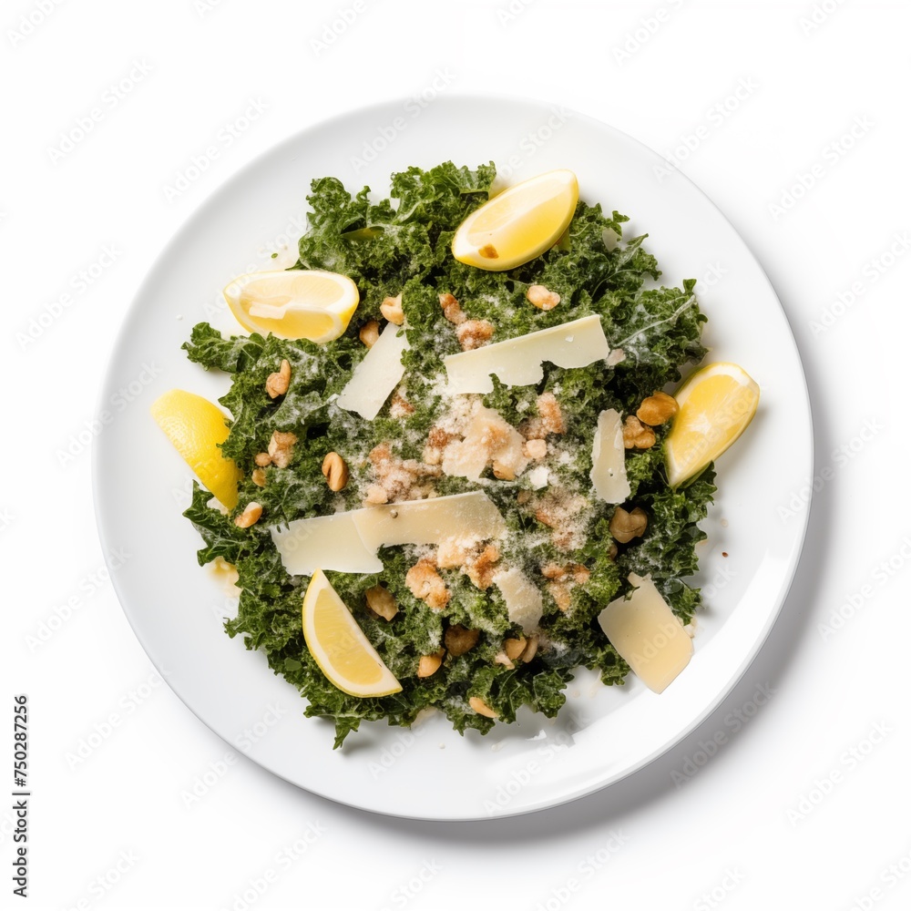 White round plate presenting a kale salad tossed in anchovy dressing, sprinkled with breadcrumbs, Pecorino cheese, and a squeeze of lemon, against a white backdrop, viewed from above White round plate presenting a kale salad tossed in anchovy dressing, sprinkled with breadcrumbs, Pecorino cheese, and a squeeze of lemon, against a white backdrop, viewed from above