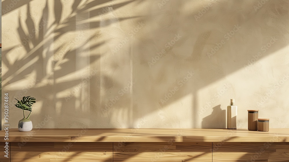 Minimalist Nordic Wooden Counter with Leaf Shadow Art for Elegant Displays