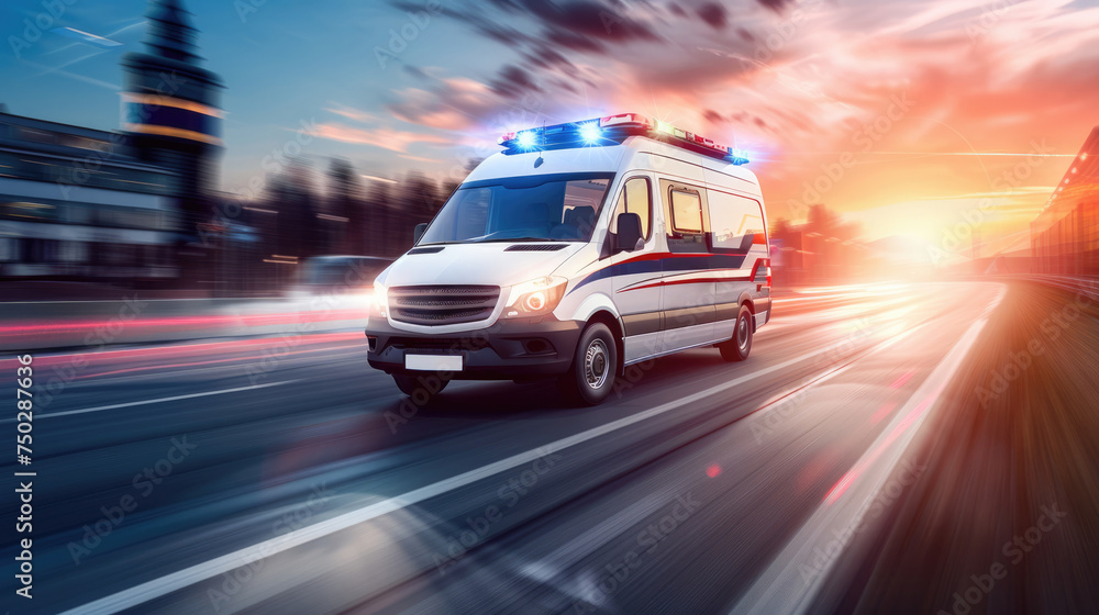 Motion blur medical ambulance vehicle speeding on the way for accident or health care emergency services concept. Motion blur medical ambulance vehicle speeding on the way for accident or health care emergency services concept.