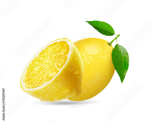 fresh organic lemon with leaves isolated on white