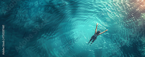 A person is swimming in the ocean. The water is blue and calm. The person is in the middle of the water, and they are swimming towards the right side of the image