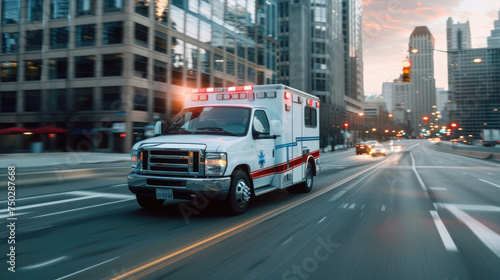 Motion blur medical ambulance vehicle speeding on the way for accident or health care emergency services concept. photo