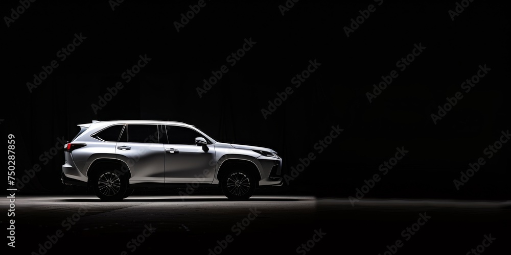 white SUV car and empty space on dark background, banner poster design, 3d rendering