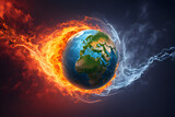 A burning globe, flames engulfing the world, depicts a chilling vision of global catastrophe. Earth ablaze, adrift in a sea of fire and the fallout of atomic war.