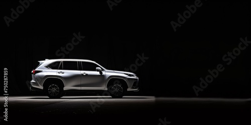 white SUV car and empty space on dark background  banner poster design  3d rendering