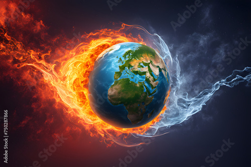 A burning globe  flames engulfing the world  depicts a chilling vision of global catastrophe. Earth ablaze  adrift in a sea of fire and the fallout of atomic war.