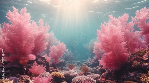  an underwater view of a coral reef with soft corals and soft corals on the bottom of the water  with sunlight streaming through the water s surface.