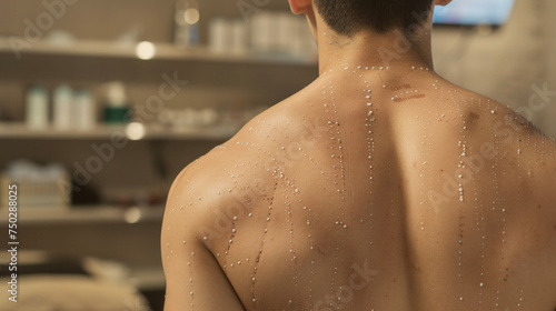 A patients back covered in a gridlike pattern of cupping marks showcasing the effectiveness of this traditional treatment in relieving pain and improving overall health. photo