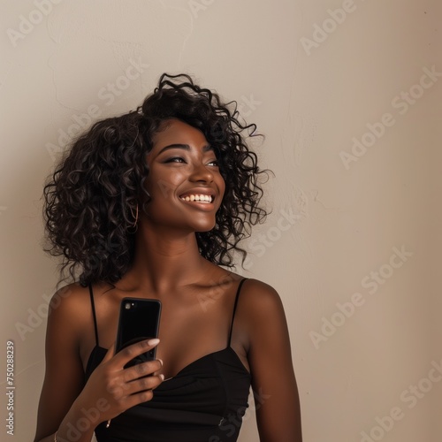 black, beautiful, happy woman, Brazilian, cell phone in hand, smooth, clean background