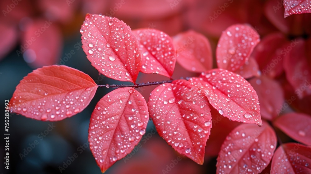 a close up of a red leaf with drops of water on it, with a blurry background of red leaves with green leaves and water droplets on the leaves. a close up of a red leaf with drops of water on it, with a blurry background of red leaves with green leaves and water droplets on the leaves.