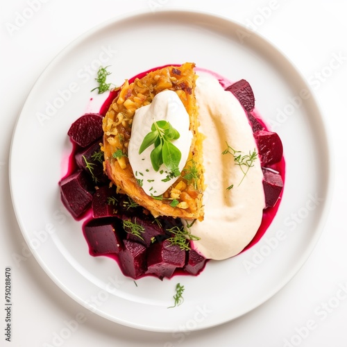 Braised Beets & Panisse Chickpea Pie, Yogurt Aioli, Braised Beetroot, on a white round plate, on a white background, top view photo