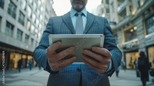 A man in a suit holding a tablet in his hand. He is standing in a city street