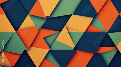 Geometric abstract background with overlapping triangles in orange, dark blue and lime green