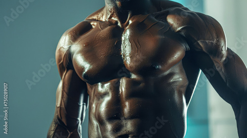 A man with a very muscular chest and arms. The man is posing for a picture