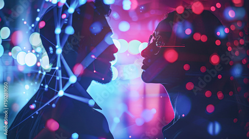 A man and woman are kissing in a blurry image. The image is in a blue and purple color scheme