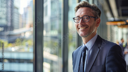 A man in a suit and tie is smiling at the camera. He is wearing glasses and he is happy