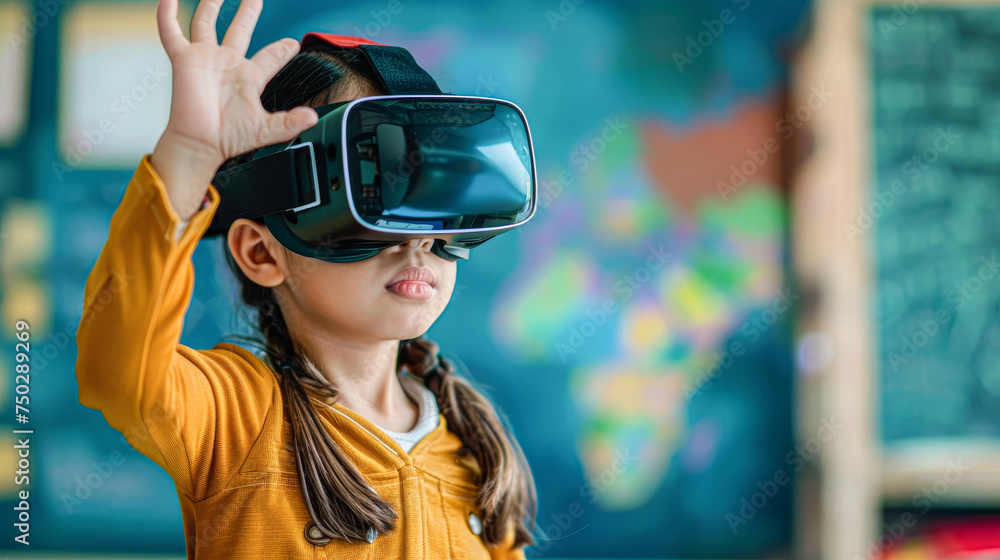 A young girl wearing a virtual reality headset is standing in front of a chalkboard with a globe on it