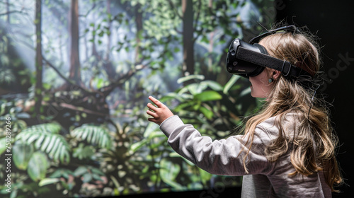 A young girl is playing a video game in a virtual forest. She is using a controller to interact with the game. The game is designed to simulate a real-life environment © Kowit