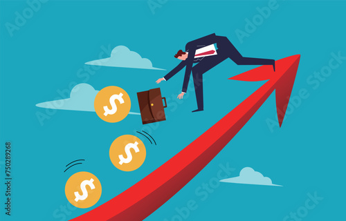 Investment or business loss, recession or reduced profits, business failure or bankruptcy, businessman at the top of the arrow falling to catch up with falling gold coins