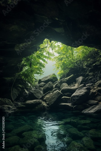 Picture from inside the cave. There is a puddle of water outside with rocks and green leaves. Light from outside shines in.
