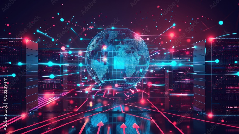 Fototapeta premium Global network concept with hardware computer server data center and hologram globe. Generative AI.