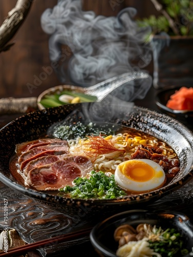 Japanese Ramen in Black Bowl with Meat Seafood and Eggs
