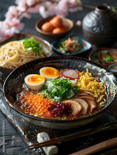Asian Noodle Bowl with Egg and Vegetables in Japanese Style