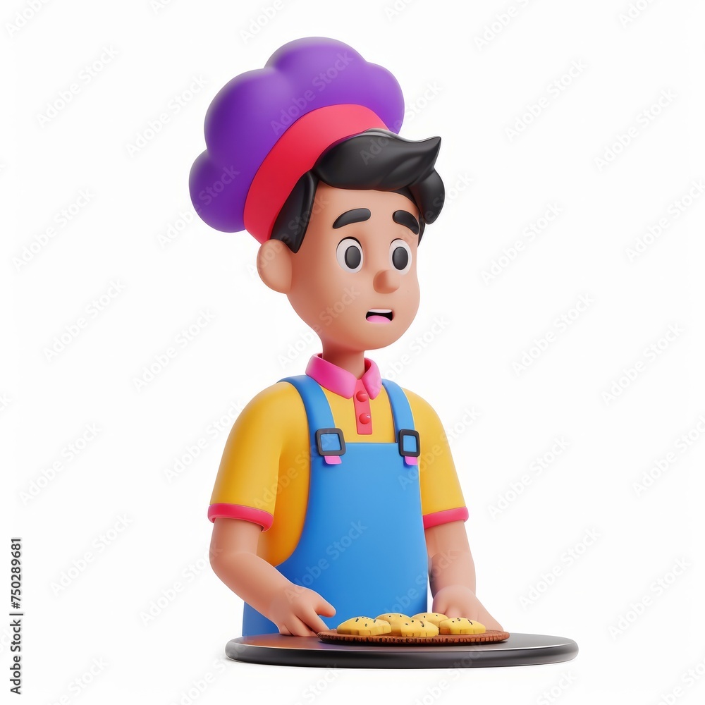 Kid clay animation character wearing a chef's hat and apron, baking cookies in the kitchen, on an isolated white background, Generative AI Kid clay animation character wearing a chef's hat and apron, baking cookies in the kitchen, on an isolated white background, Generative AI