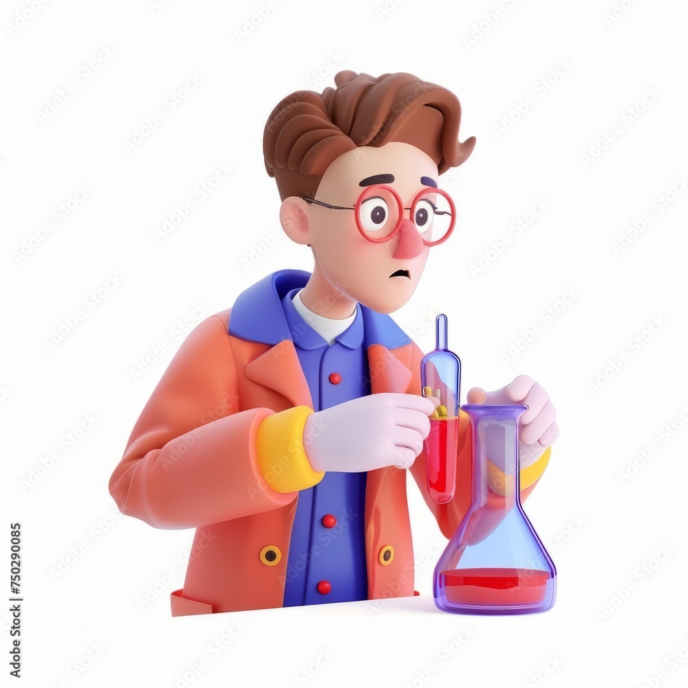 Kid clay animation character wearing a scientist's lab coat and safety goggles, conducting a colorful chemical experiment, on an isolated white background, Generative AI Kid clay animation character wearing a scientist's lab coat and safety goggles, conducting a colorful chemical experiment, on an isolated white background, Generative AI