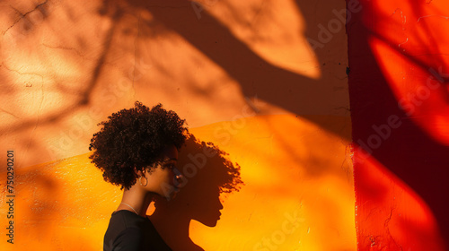 Color Negative Space, A woman and trees shadow on orange wall