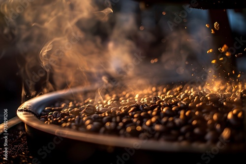 Roasting Coffee Beans in a Cooking Pot with Golden Light photo
