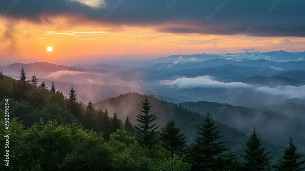 The smoky mountains awaken, bathed in the golden glow of a magical early morning sunrise, AI Generative.