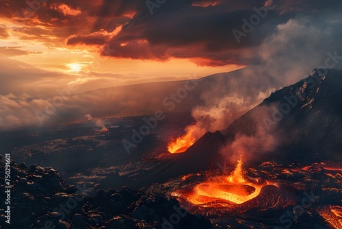 Volcano with Lava Flowing at Sunset in 8K