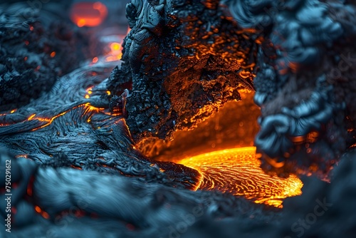 Lava Flow and Cave with Magma in a Volcanic Landscape