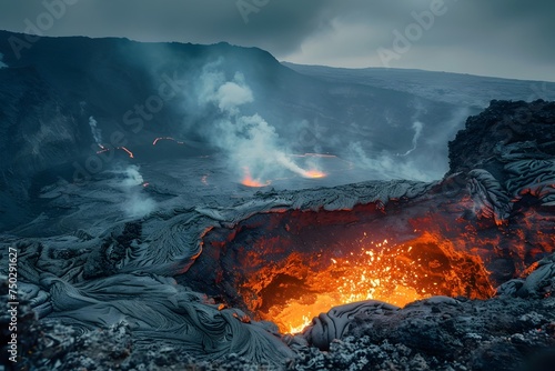 Volcanic Lava Pit with Molten Magma and Hot Water