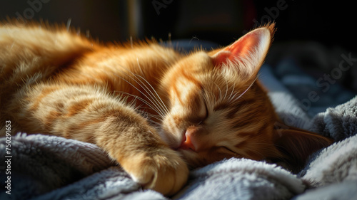 An orange cat sleeps soundly, basking in a cozy sunlit spot. AI Generative. © Alisa