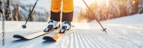 Close up of person skiing in nature with blurred background, ideal for text placement