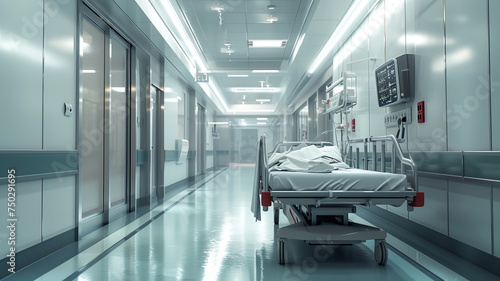 Modern hospital corridor with an empty bed poised for urgent care, symbolizing advanced medical readiness, AI Generative.