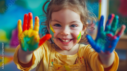 Smiling child showing colorful painted hands in a playful classroom scene  expressing creativity. AI Generative.
